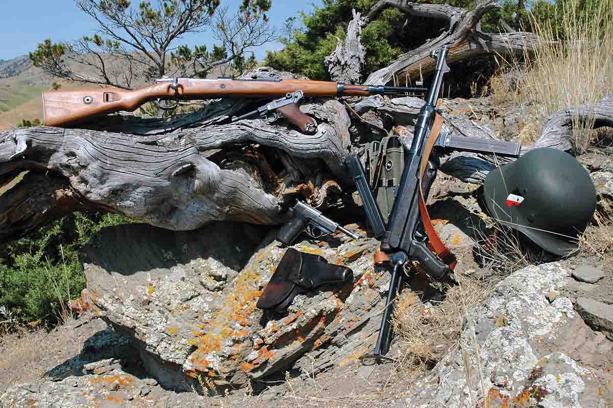 Mike has several full-autos in his vintage WWII firearms collection including a (right) German MP40, a P-08 “Luger” and a P-38. All are 9mm Parabellum. The K98k 8mm Mauser (top) is a vintage bolt rifle.